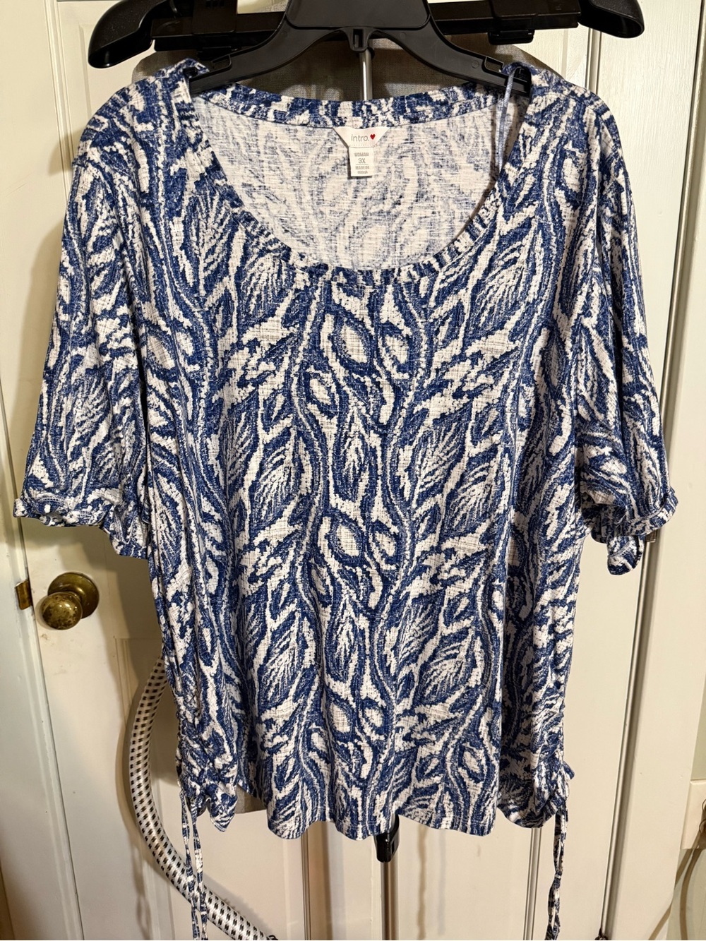 Intro Blue and White Leaf-Print Scoop Neck Tunic 100% Cotton 3X